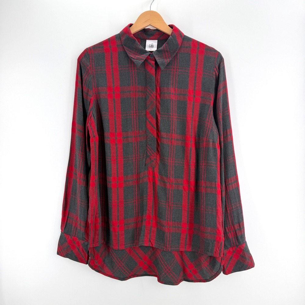 Cabi Plaid Tunic Blouse S Rayon Red Grey High Low Hem Casual Preppy Christmas